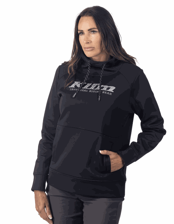 Woman wearing black KLIM Morley Pullover Hoodie with adjustable drawcord hood and front pocket