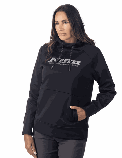 Woman wearing black KLIM Morley Pullover Hoodie with adjustable drawcord hood and front pocket
