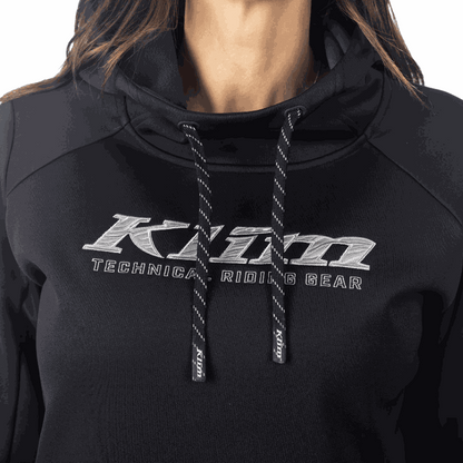 Close-up of black KLIM Morley Pullover Hoodie with embroidered logo and adjustable drawcord hood